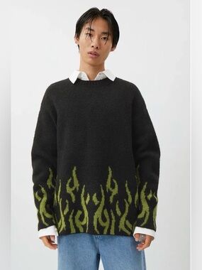 Weekday Black Crewneck Sweater with Olive Flame Motif